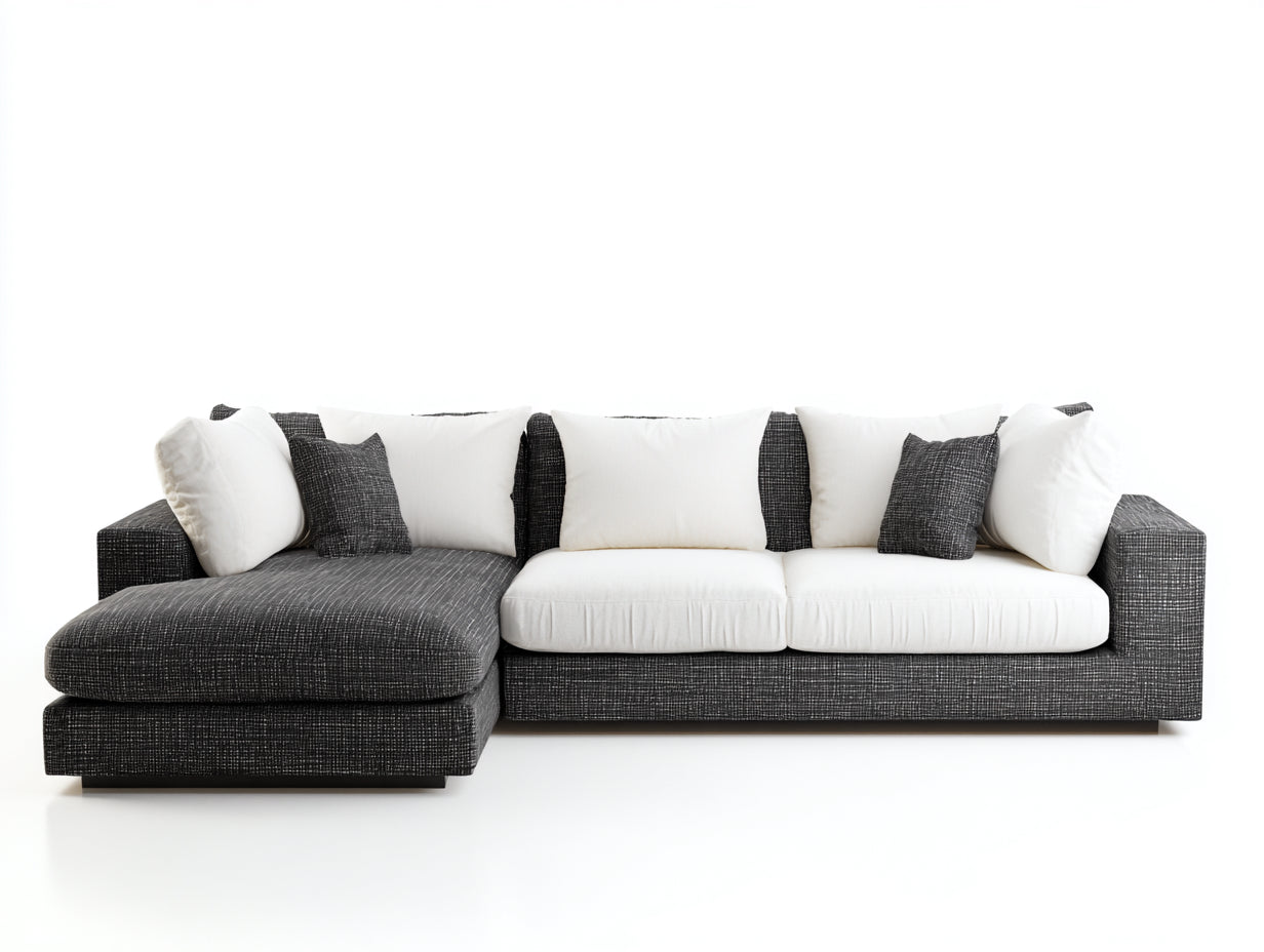 Sofás de esquina de tela 300x160x85 cm color gris y blanco con chaise longue y diseño moderno
