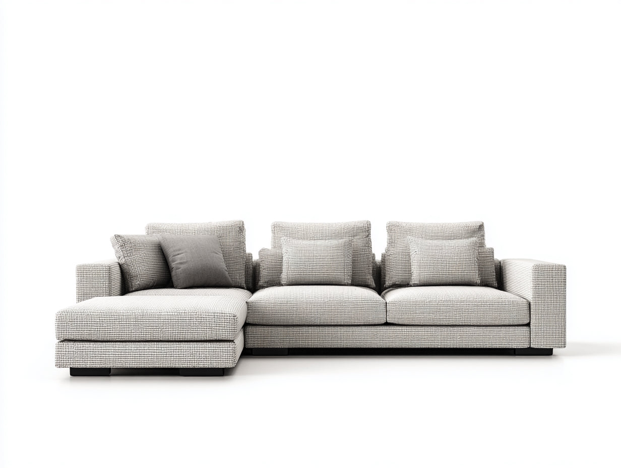 Sofás de esquina de tela 300x160x85 cm color gris con chaise longue y diseño moderno