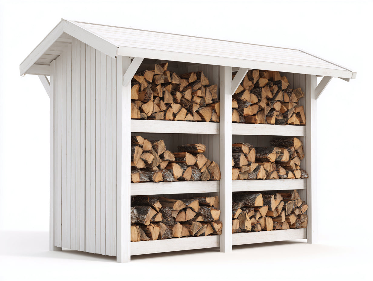 Leñero de exterior de madera 240 x 90 x 210 cm - Blanco - Diseño de 6 compartimentos con tejado a dos aguas