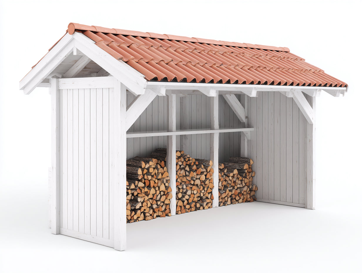 Leñero de exterior de madera 240x70x180 cm color blanco y rojo para almacenamiento de leña