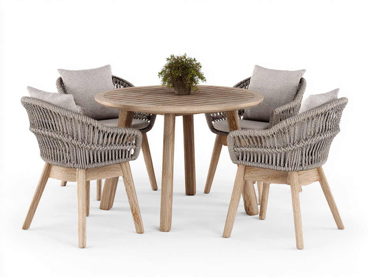 Conjuntos de comedor de jardín de madera y cuerda 120 x 120 x 75 cm - color madera natural y gris - mesa redonda con 4 sillas