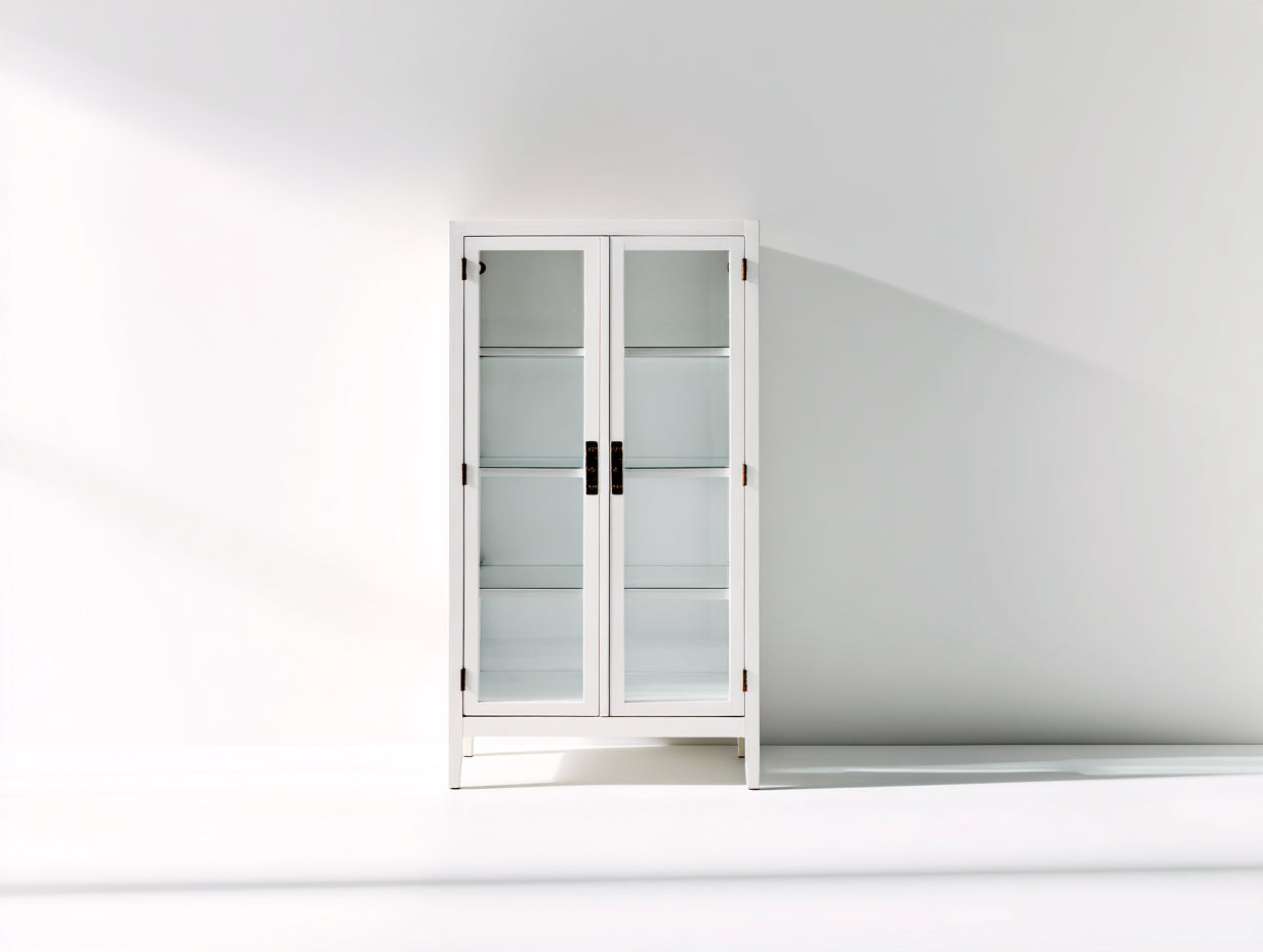 Estanterías de madera 80x35x180 cm color blanco con puertas de vidrio para almacenamiento
