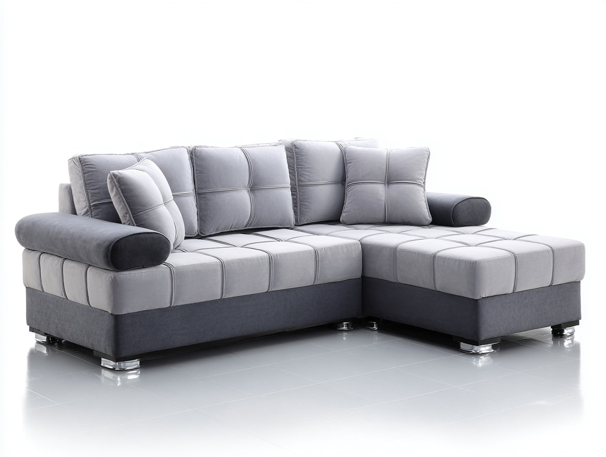 Sofás de esquina de tela 300 x 220 x 85 cm - color gris - diseño moderno con chaise longue y asientos acolchados