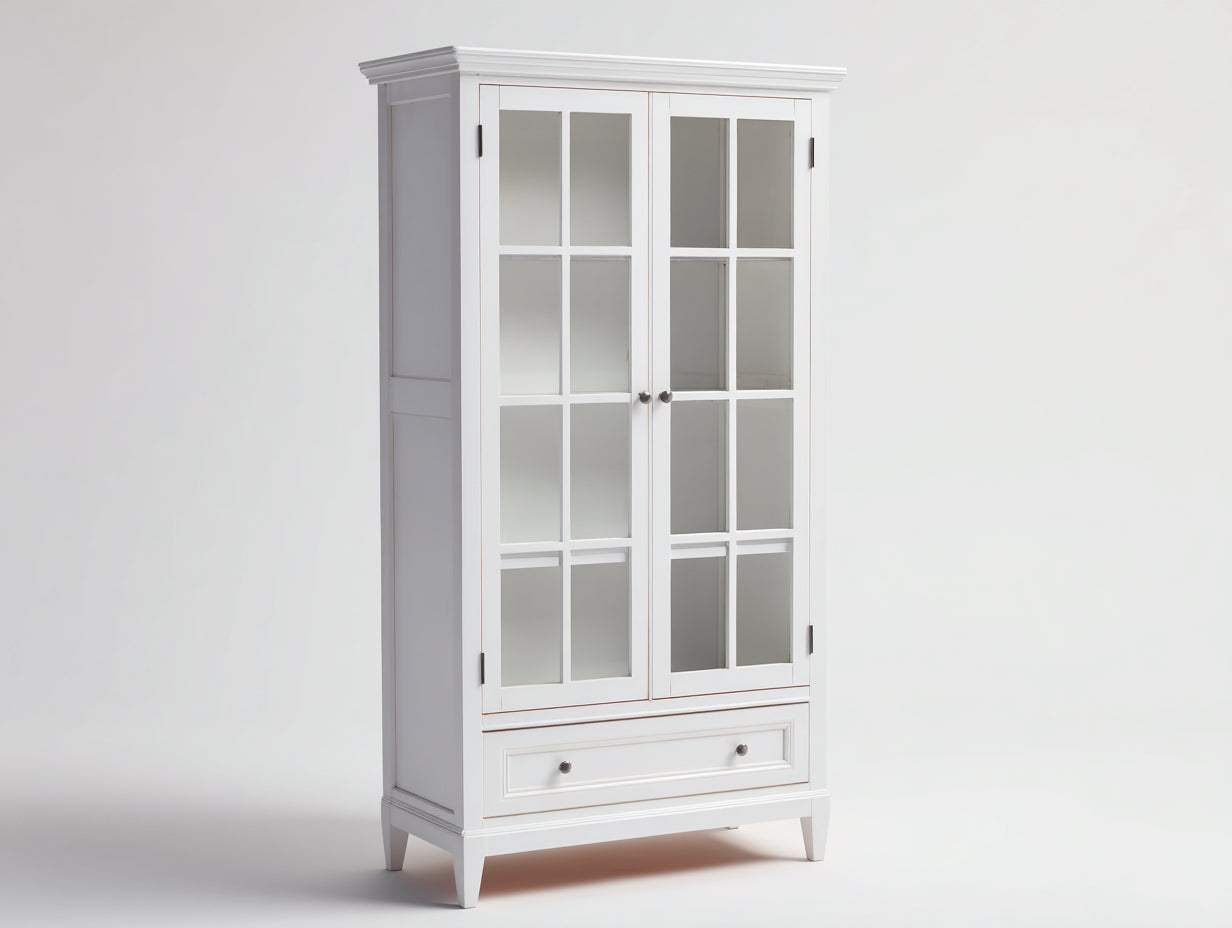 Estanterías de madera 90x40x180 cm - blanco - diseño clásico con puertas de vidrio y cajón