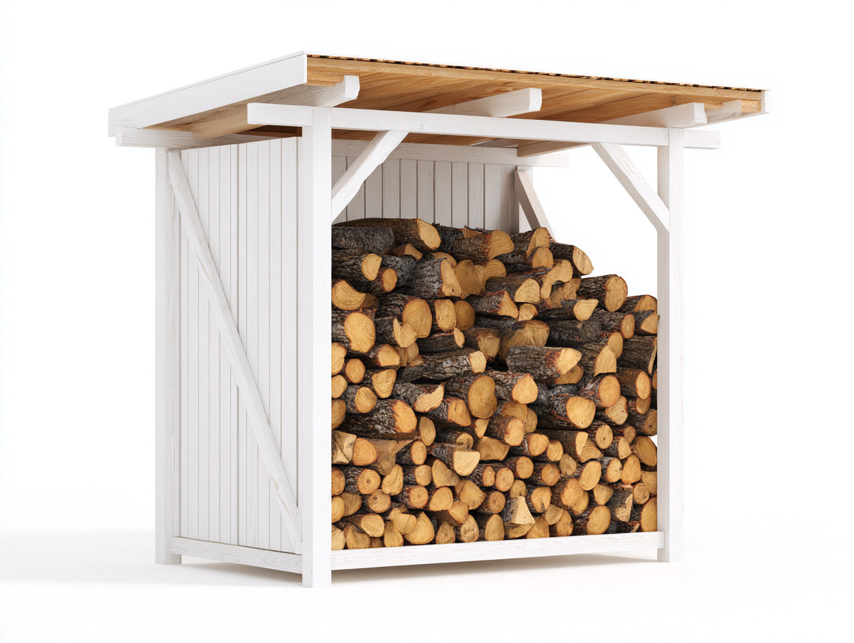 Leñero de exterior de madera 180 x 90 x 160 cm - color blanco - con techo plano para almacenamiento de leña