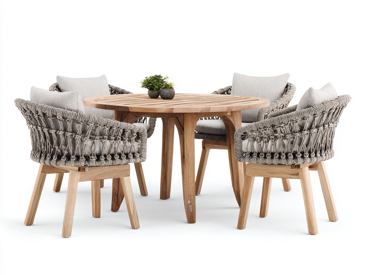 Conjuntos de comedor de jardín para 4 personas 130x130x75 cm - marrón claro y gris - mesa redonda con sillones tejidos