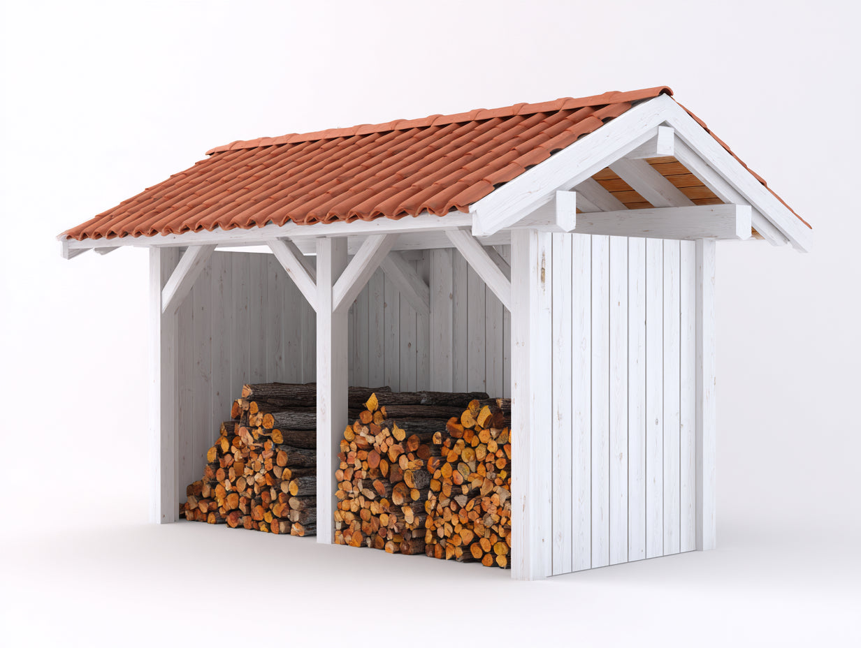 Leñero de exterior de madera 300x100x220 cm - blanco - diseño abierto con tejado