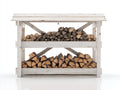 Leñero de exterior de madera 150 x 55 x 145 cm - Blanco envejecido - Diseño de 2 niveles con cubierta superior