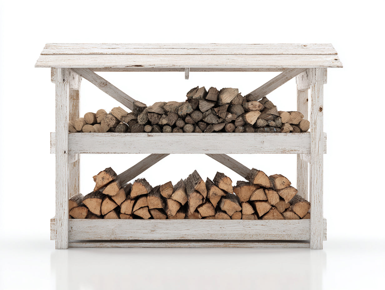 Leñero de exterior de madera 150 x 55 x 145 cm - Blanco envejecido - Diseño de 2 niveles con cubierta superior