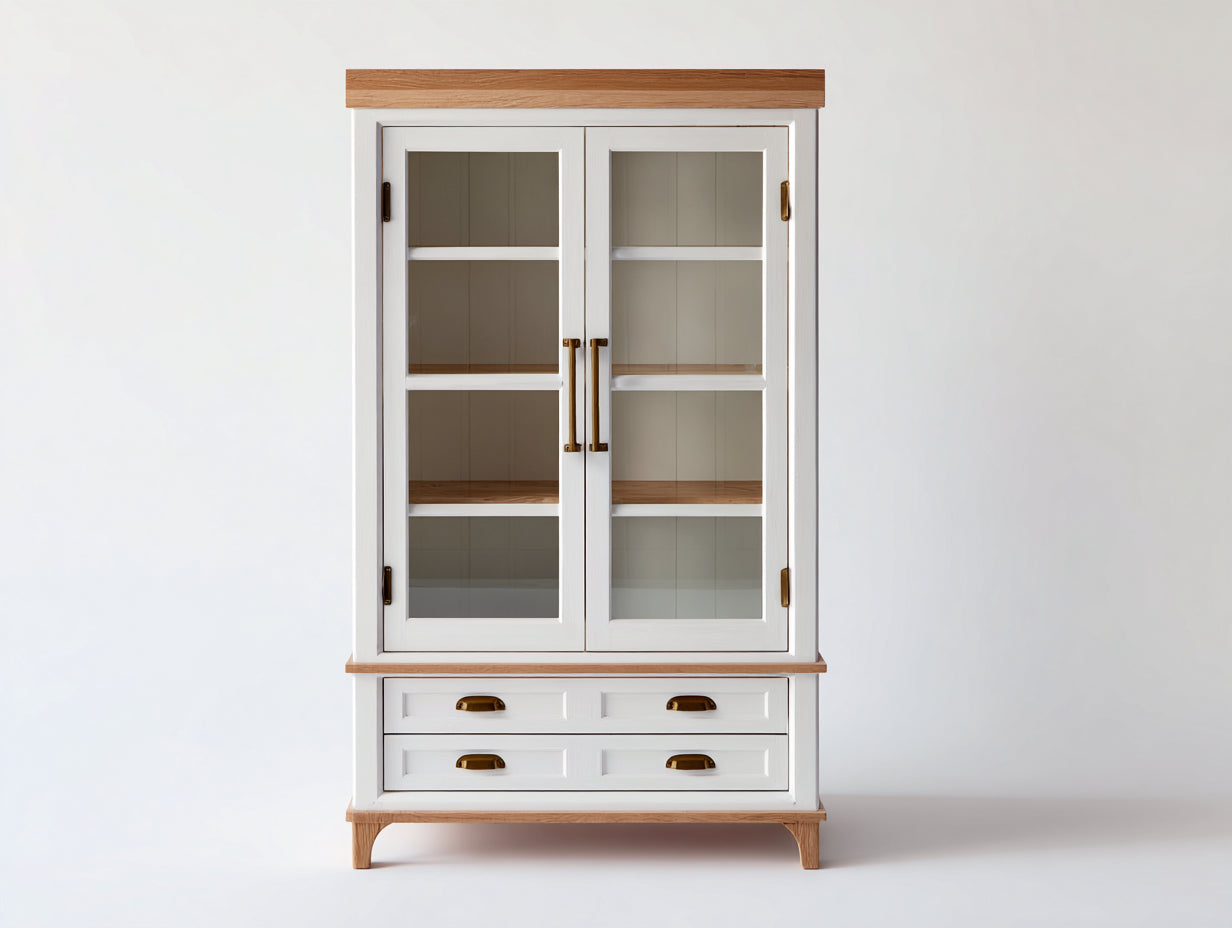 Estanterías con 2 puertas de cristal y 2 cajones 110x45x200 cm - blanco y madera natural - diseño rústico moderno