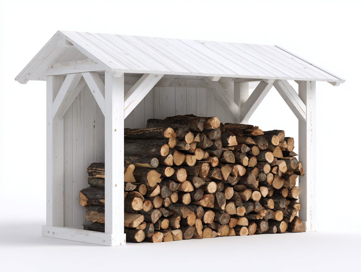 Leñero de exterior de madera 220x80x190 cm - blanco - diseño abierto con tejado