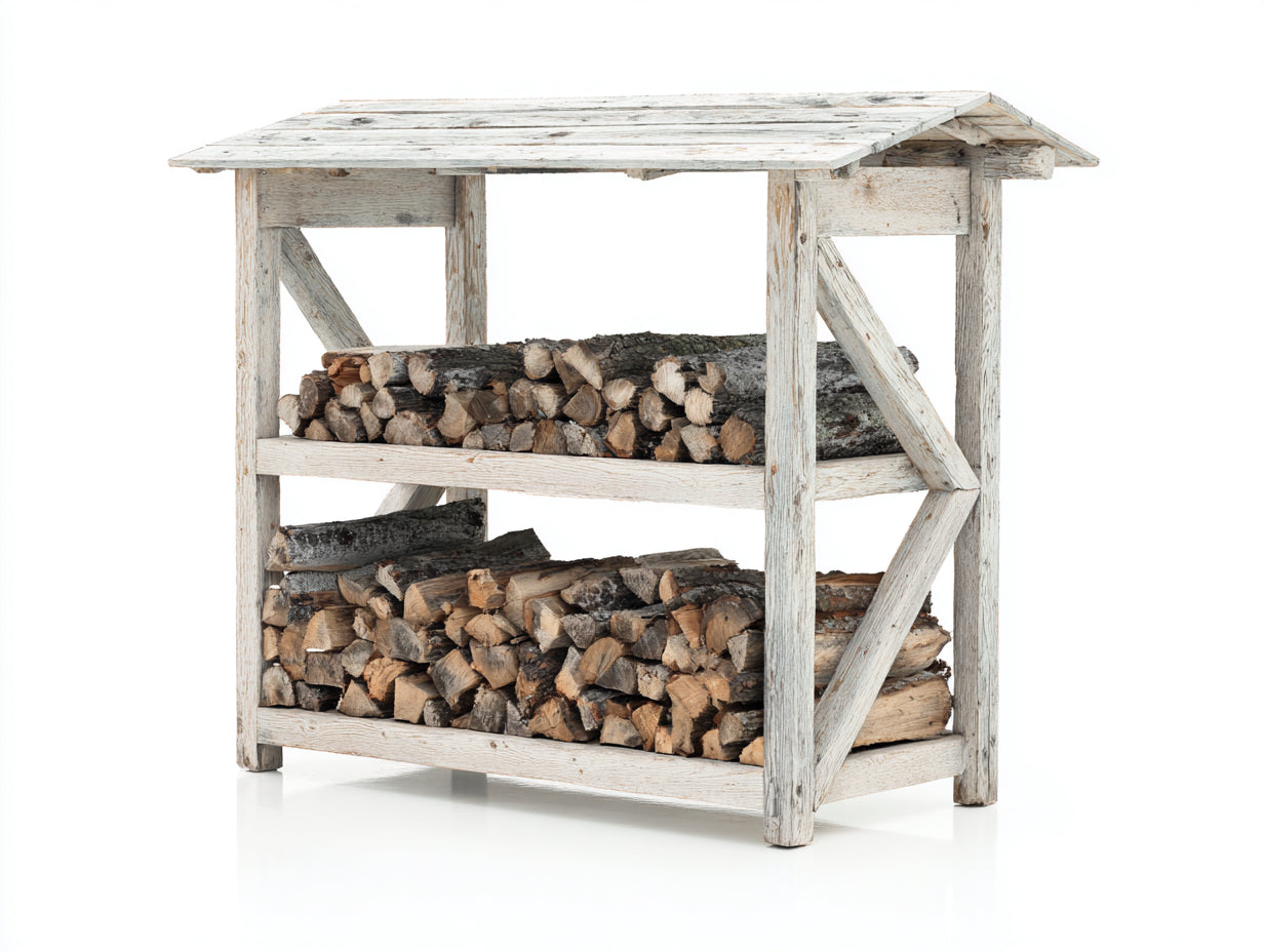 Leñero de exterior con 2 niveles 120x55x150 cm - blanco envejecido y marrón - techo inclinado de estilo rústico
