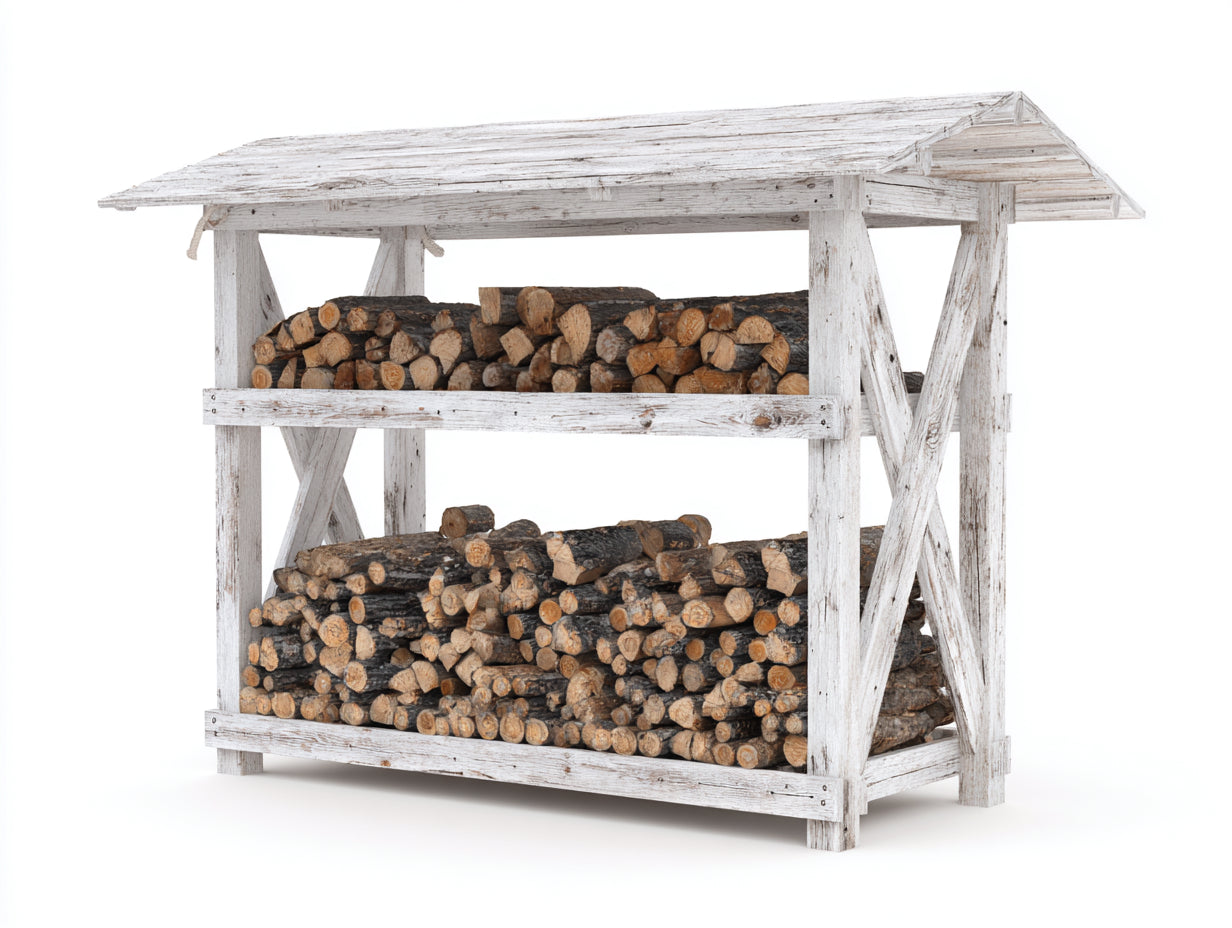 Leñero de exterior de madera 180 x 60 x 170 cm - color blanco envejecido - con techo inclinado y 2 niveles de almacenaje