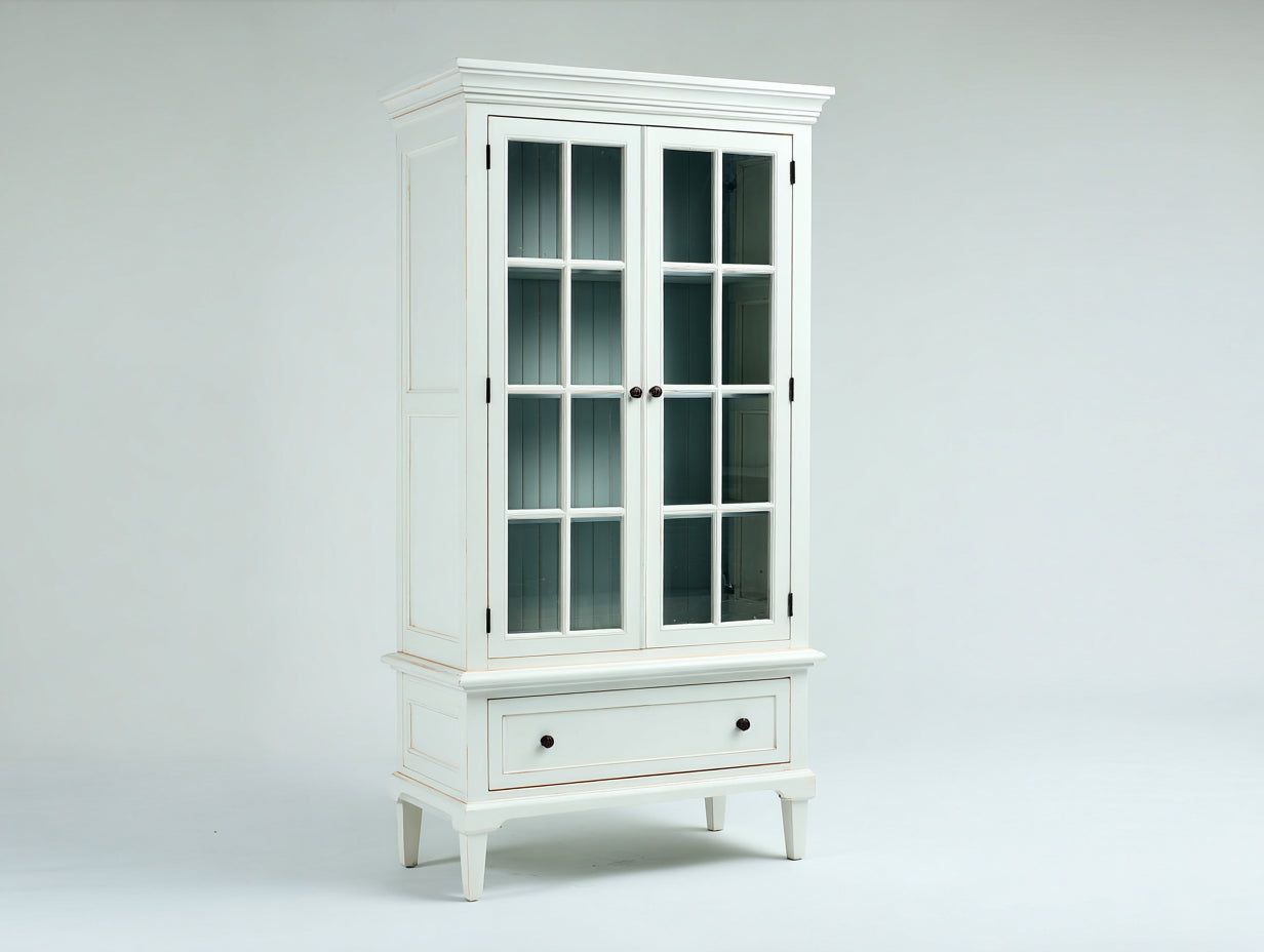 Estanterías de madera 90x40x180 cm color blanco con puertas de vidrio y cajón para almacenamiento