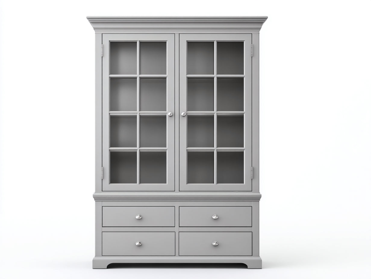 Estanterías con 2 puertas de cristal y 4 cajones 110 x 45 x 195 cm - Gris - Diseño clásico para salón y comedor